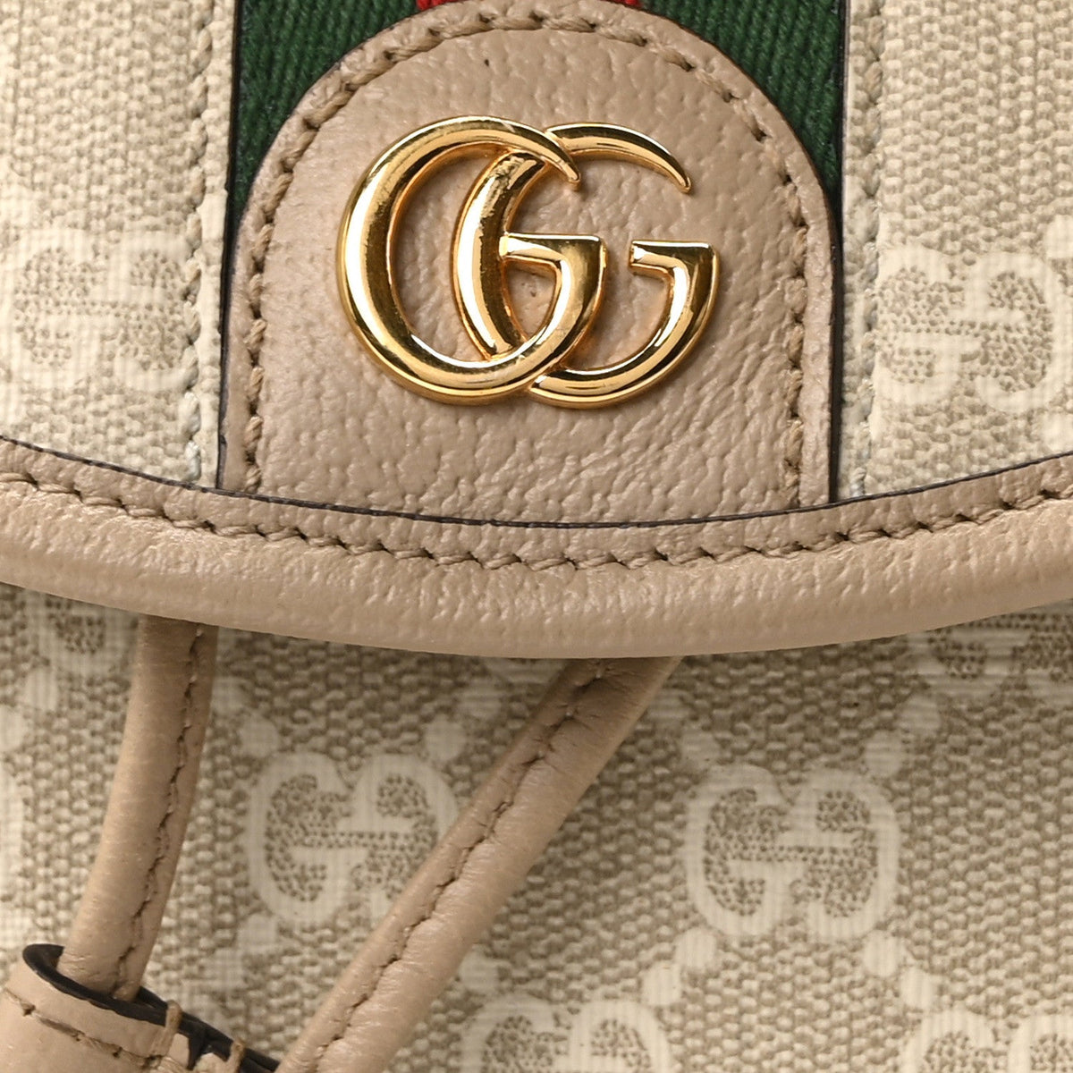 GG Supreme Monogram Textured Dollar Calfskin Web Mini Chain Drawstring Backpack Beige Mystic White Oatmeal