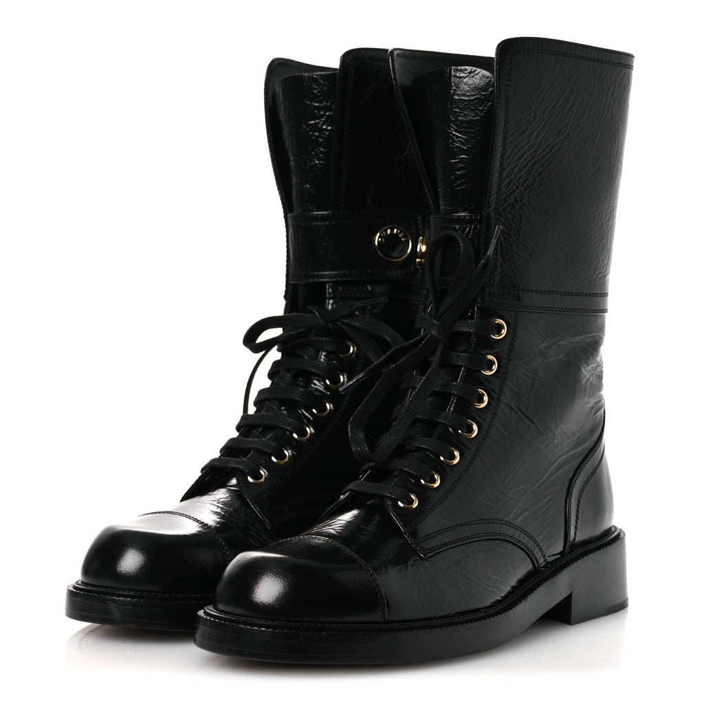 Shiny Calfskin Lace Up Combat Boots 38.5 Black