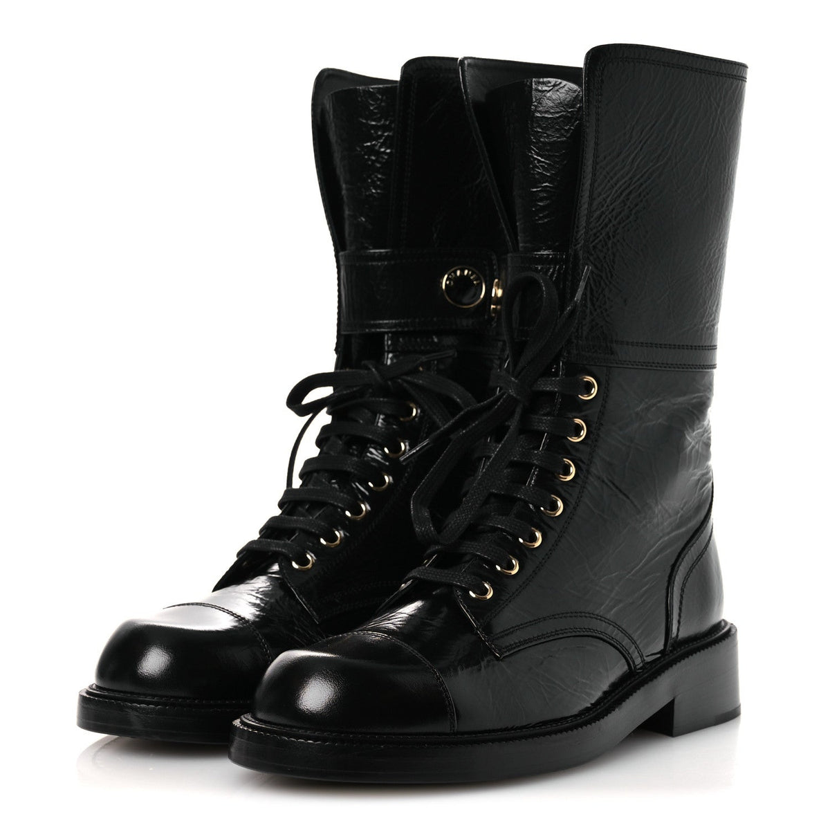 Shiny Calfskin Lace Up Combat Boots 38.5 Black
