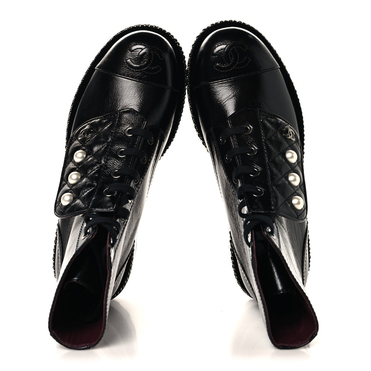 Crackled Calfskin Velvet Pearl Combat Short Boots 36 Black