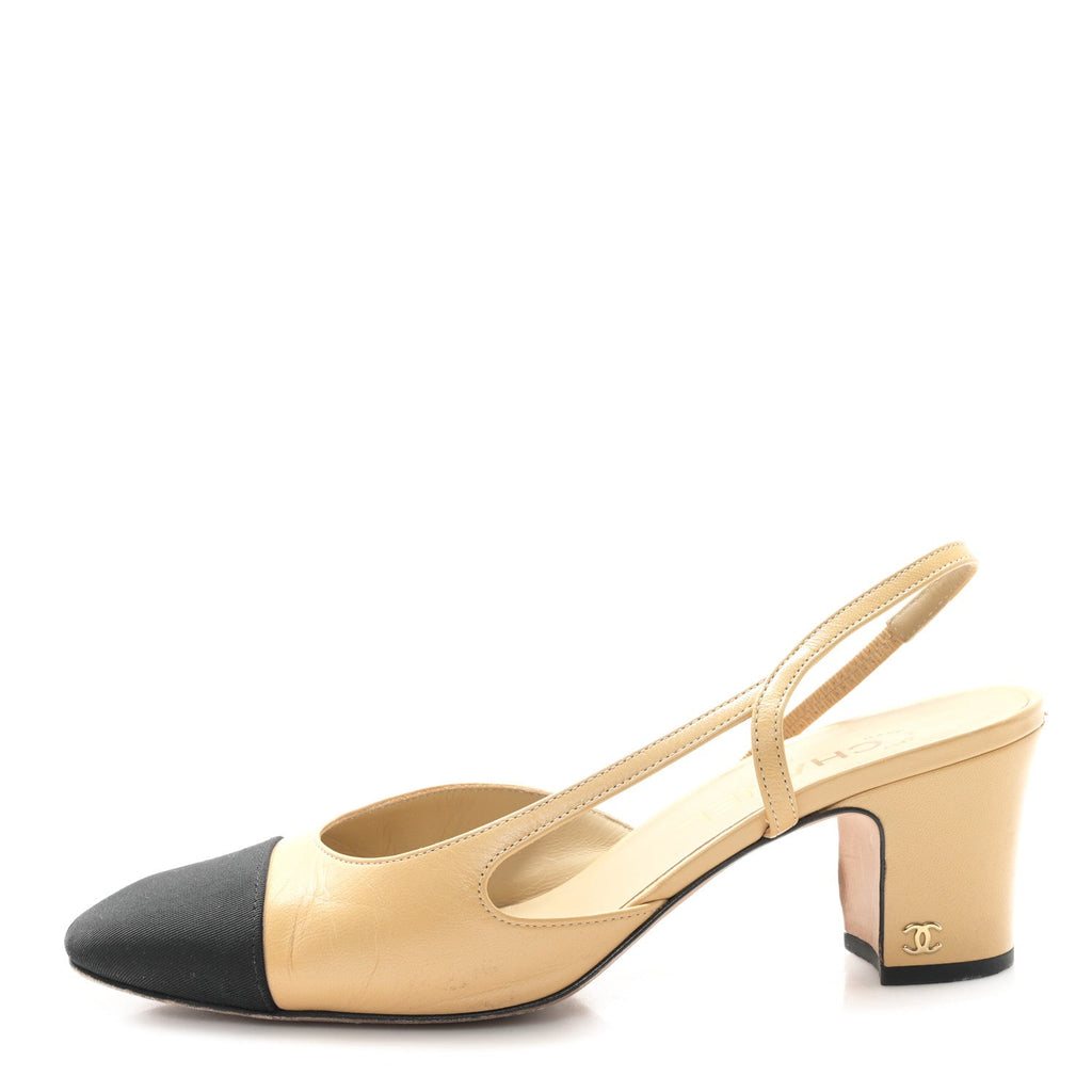 Goatskin Grosgrain Cap Toe CC Slingback Pumps 38.5 Beige Black