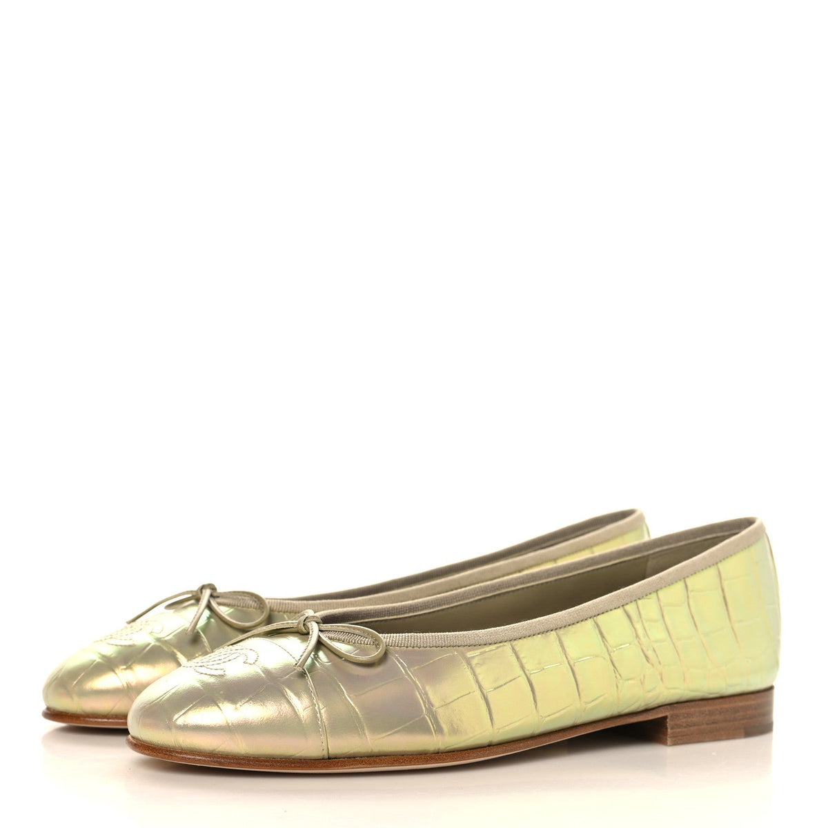 Iridescent Calfskin Crocodile Embossed Ballerina Flats 38 Yellow