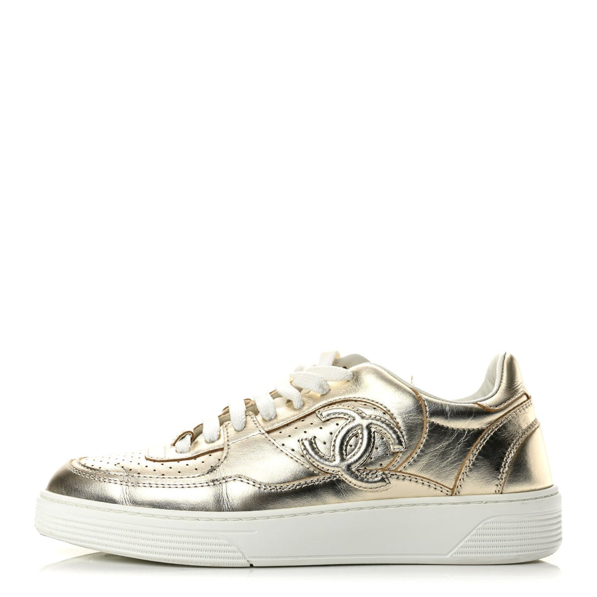 Laminated Calfskin CC Womens Sneakers 38 Golden