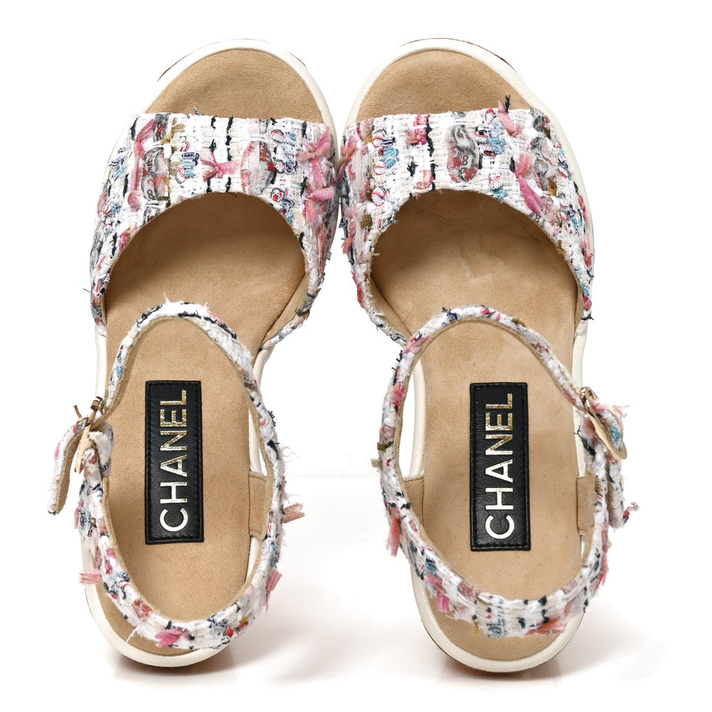Tweed Cork CC Wedge Sandals 37.5 Ecru Pink Blue Green