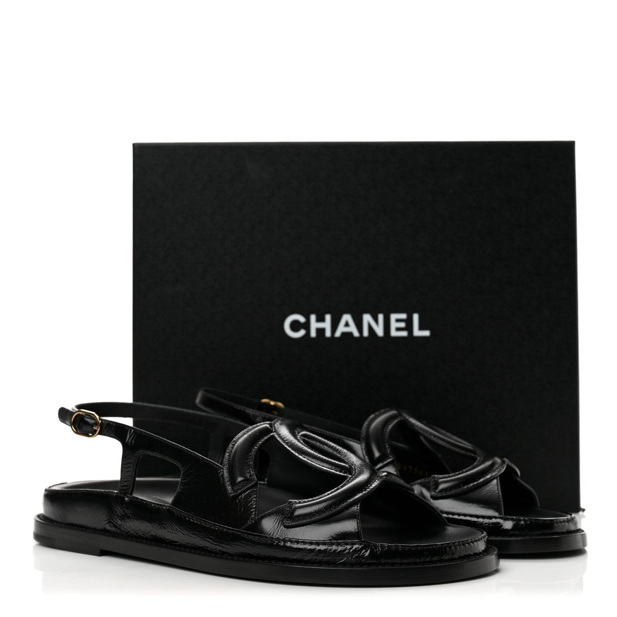 Crumpled Shiny Lambskin CC Cut Out Dad Sandals 40 Black