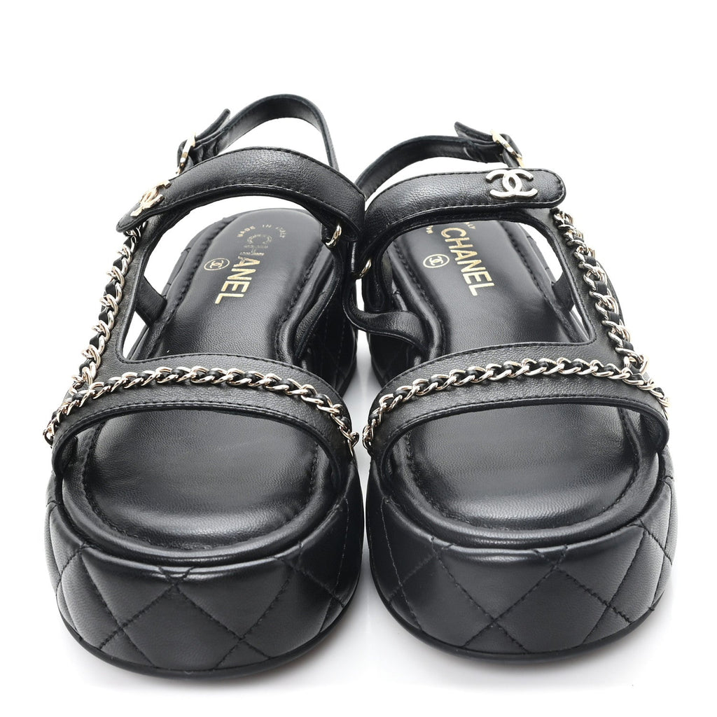 Lambskin Quilted Chain CC Platform Sandals 39.5 Black