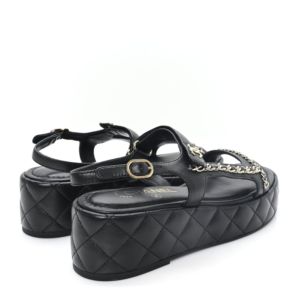 Lambskin Quilted Chain CC Platform Sandals 39.5 Black