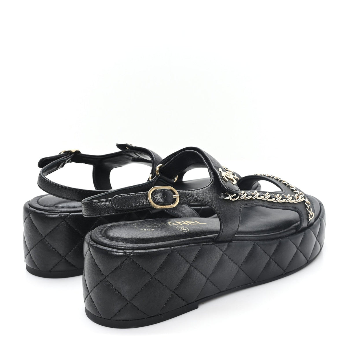 Lambskin Quilted Chain CC Platform Sandals 39.5 Black