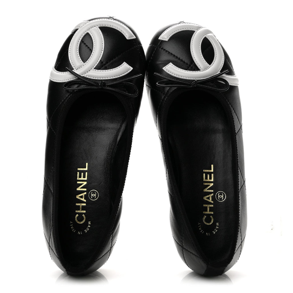 Lambskin Quilted CC Cambon Ballet Flats 36 Black White