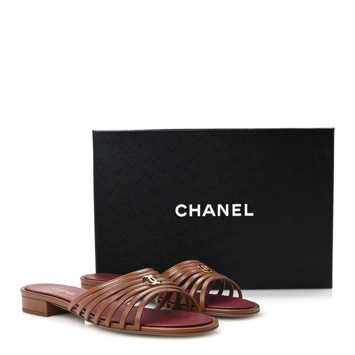 Goatskin Caged CC Slide Sandals 37.5 Light Brown