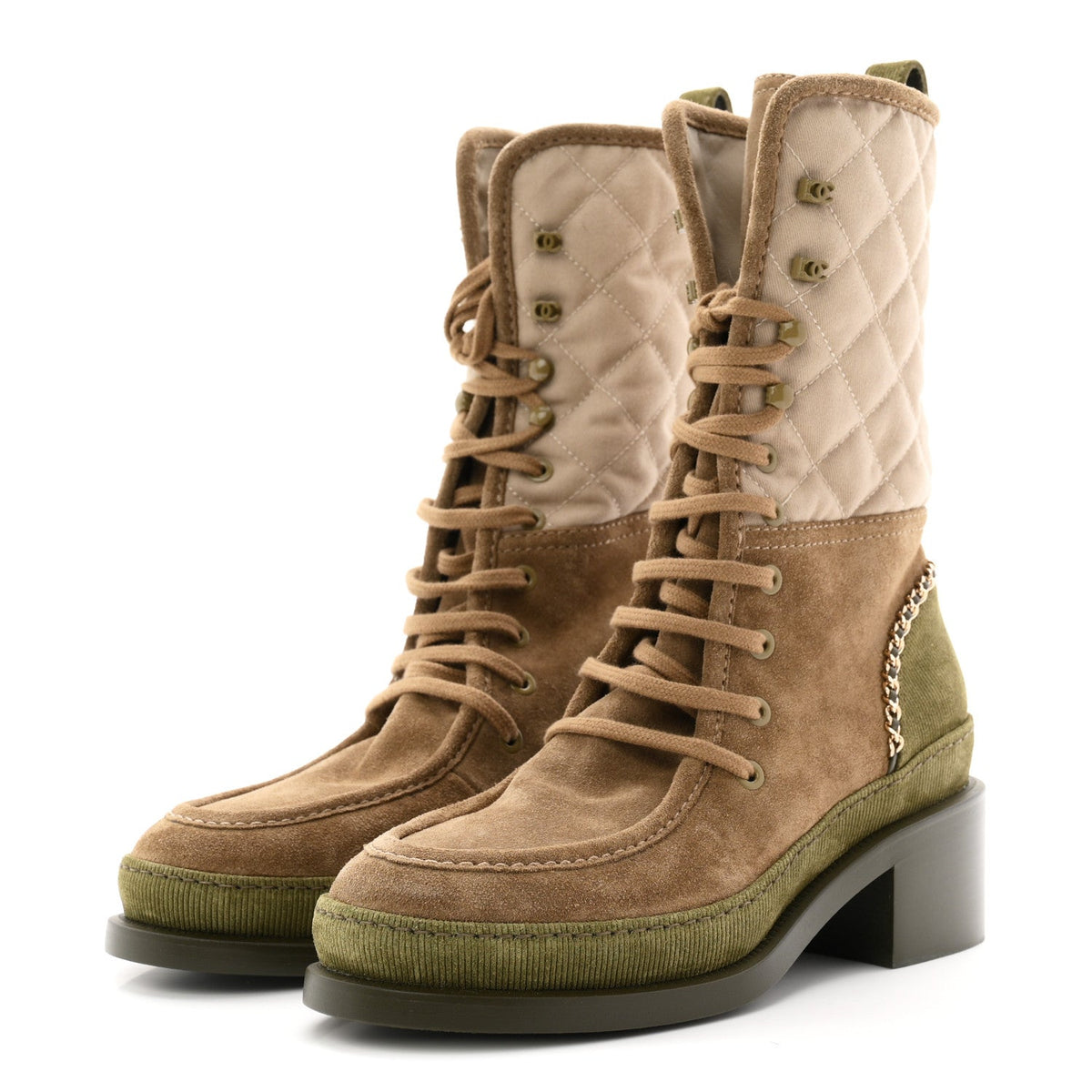 Suede Calfskin Cotton Quilted CC Chain Combat Boots 38 Light Grey Brown Khaki