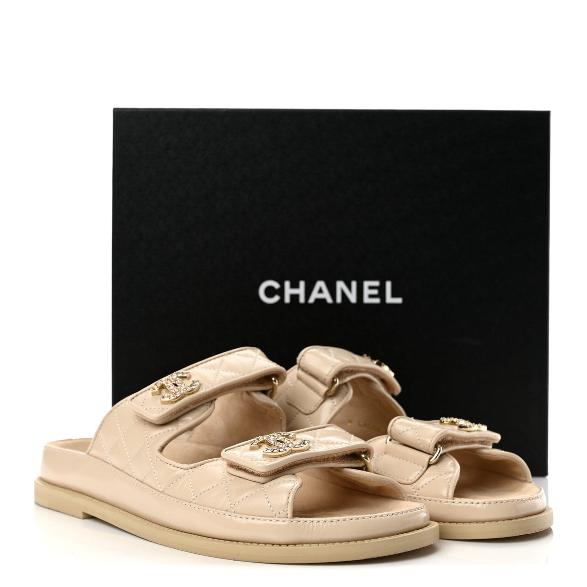 Shiny Calfskin Crystal Quilted Velcro Dad CC Slide Sandals 38.5 Beige