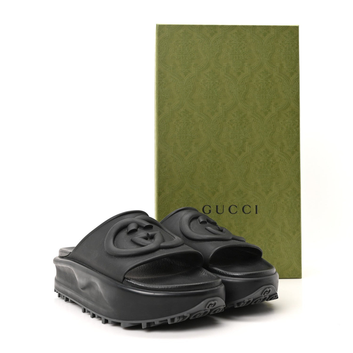 Soft Rubber Womens Interlocking G Platform 42mm Slide Sandals 38 Black