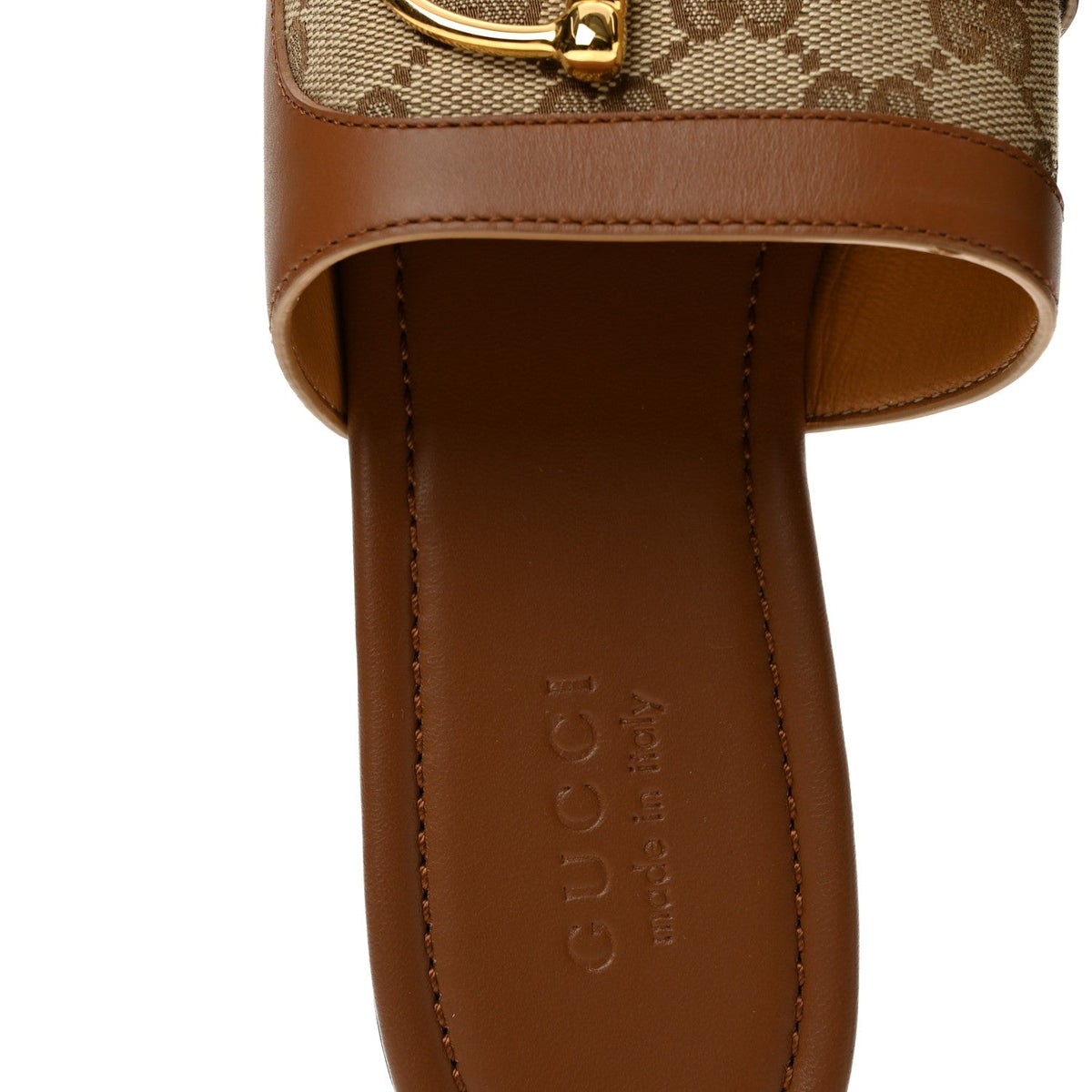 Calfskin Monogram Horsebit Womens Slide Sandals 38.5 Beige Ebony Sundial
