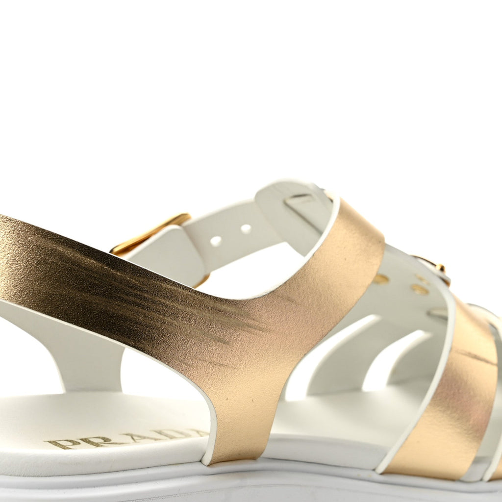 Metallic Vitello Metal Triangle Logo Monolith 55mm Cage Sandals 40 Platino