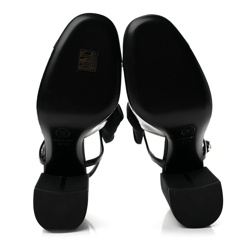 Crumpled Shiny Fabric Grosgrain Cap Toe Camellia Bow Slingback Pumps 37.5 Black