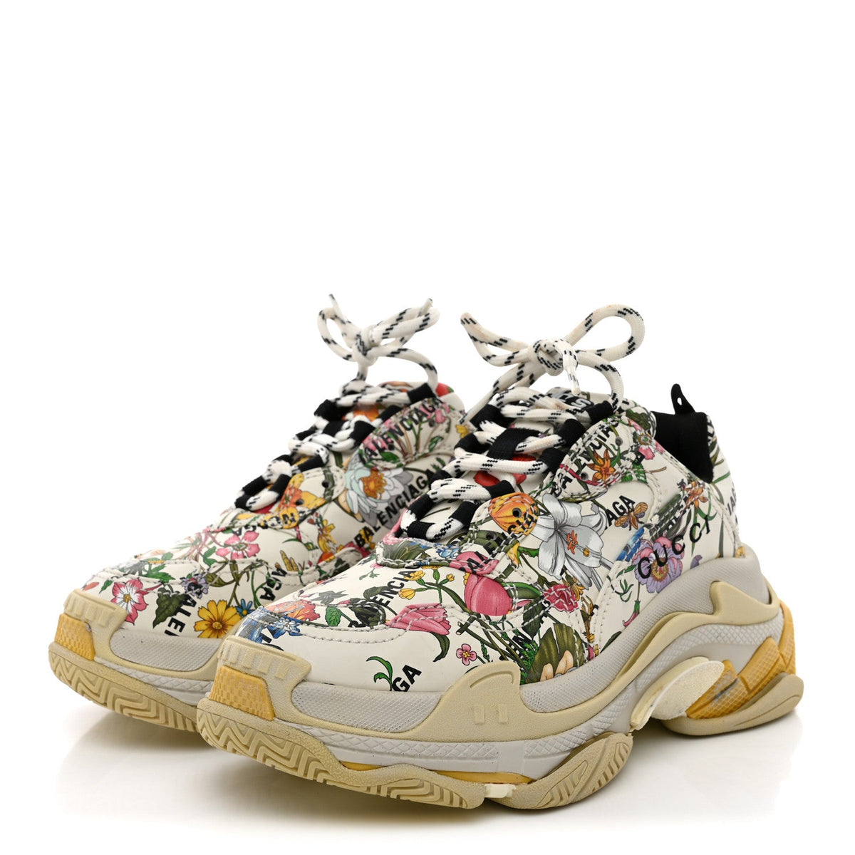 X GUCCI Fabric Allover Logo Flora Print Womens Triple S Sneakers 37 Multicolor White