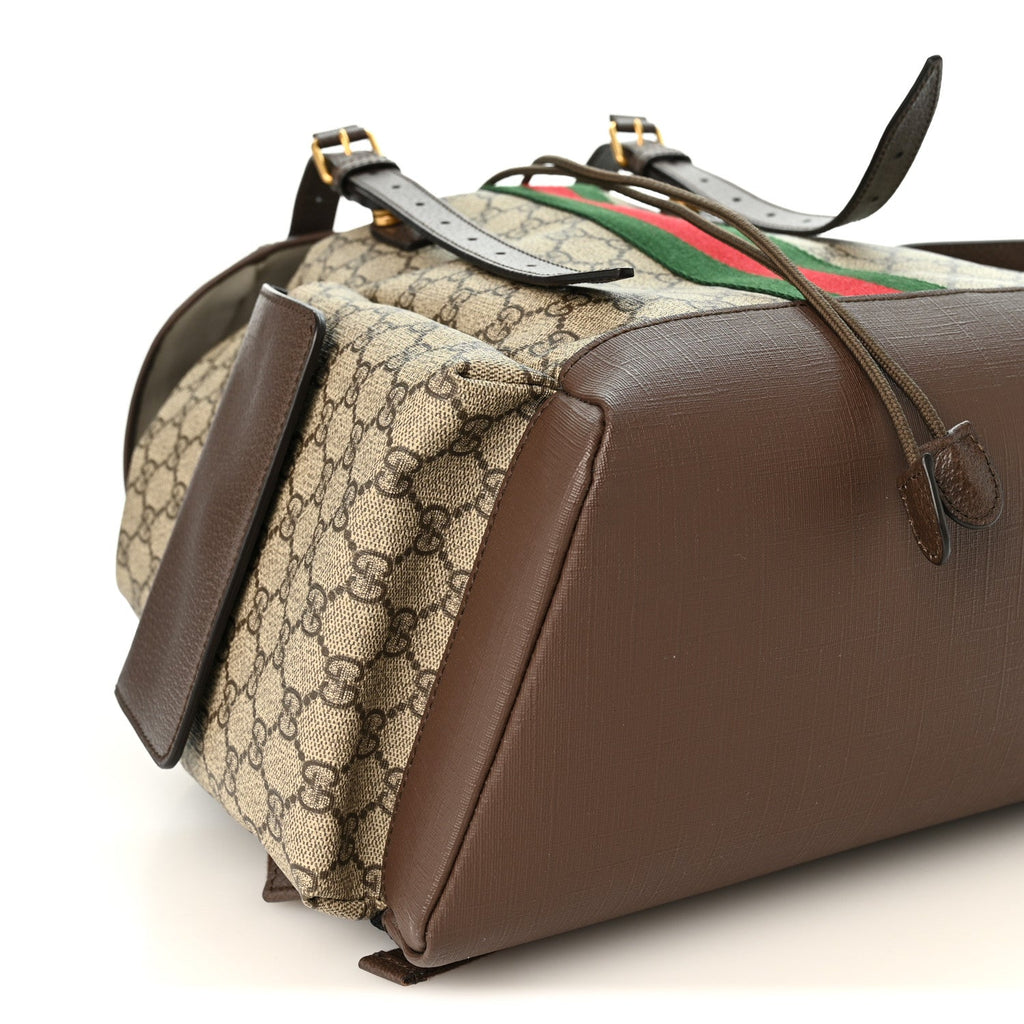 GG Supreme Monogram Medium Ophidia Double Buckle Backpack Brown