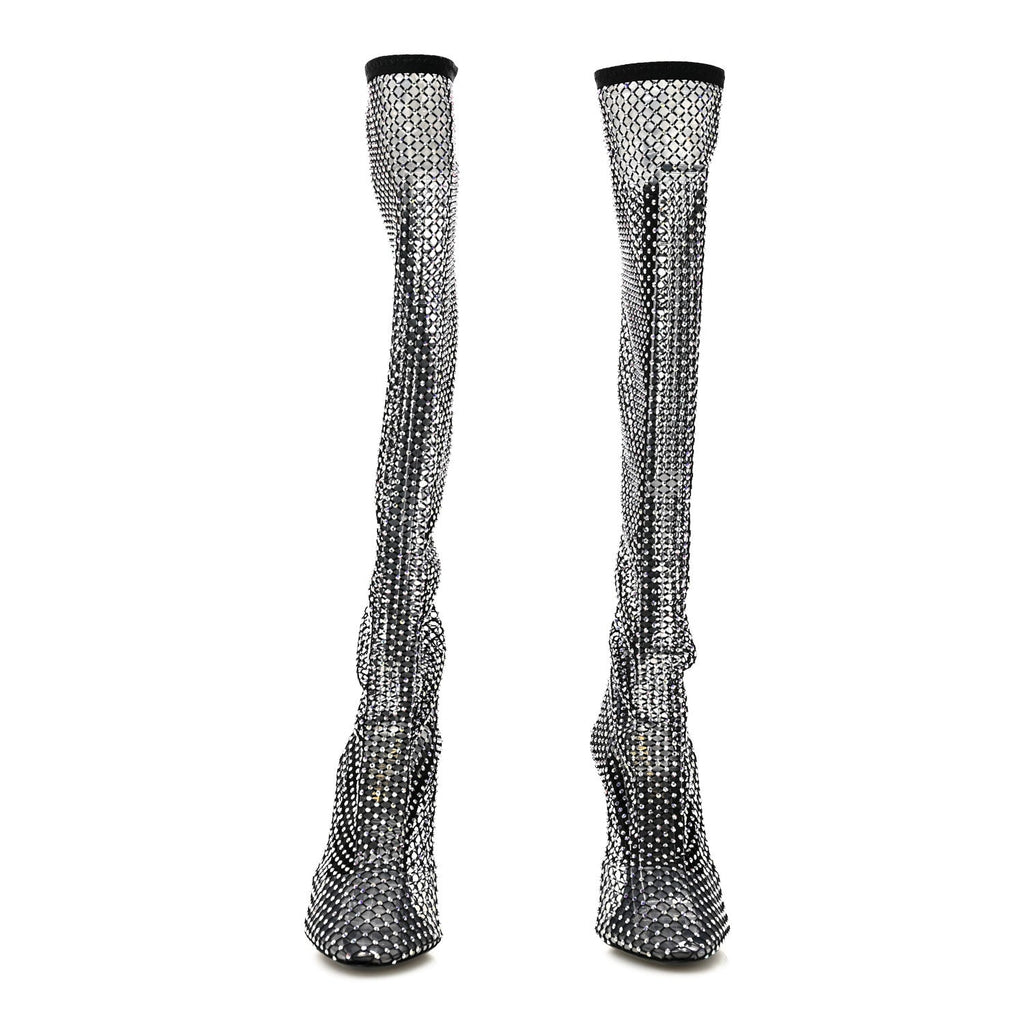 Mesh Crystal 68 Knee High Boots 39 Black
