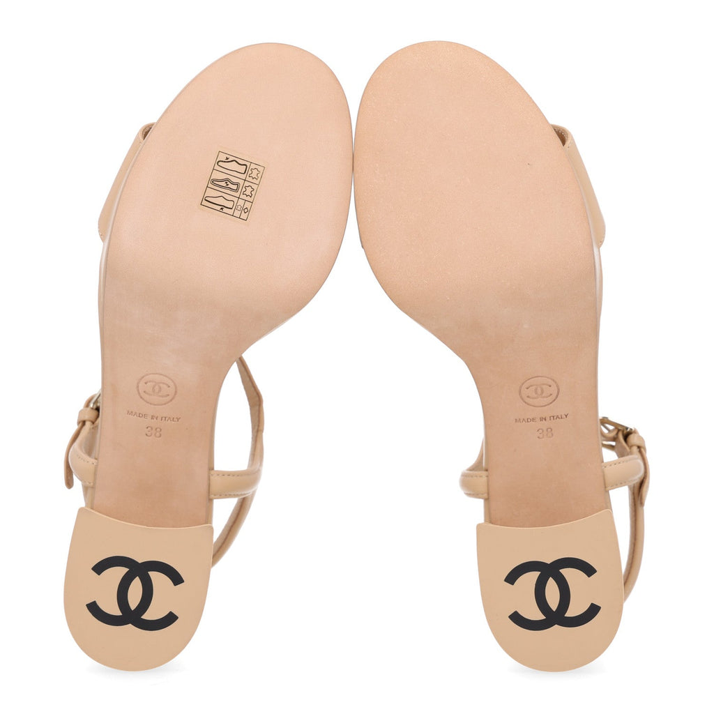 Lambskin Logo Platform Sandals 38 Beige