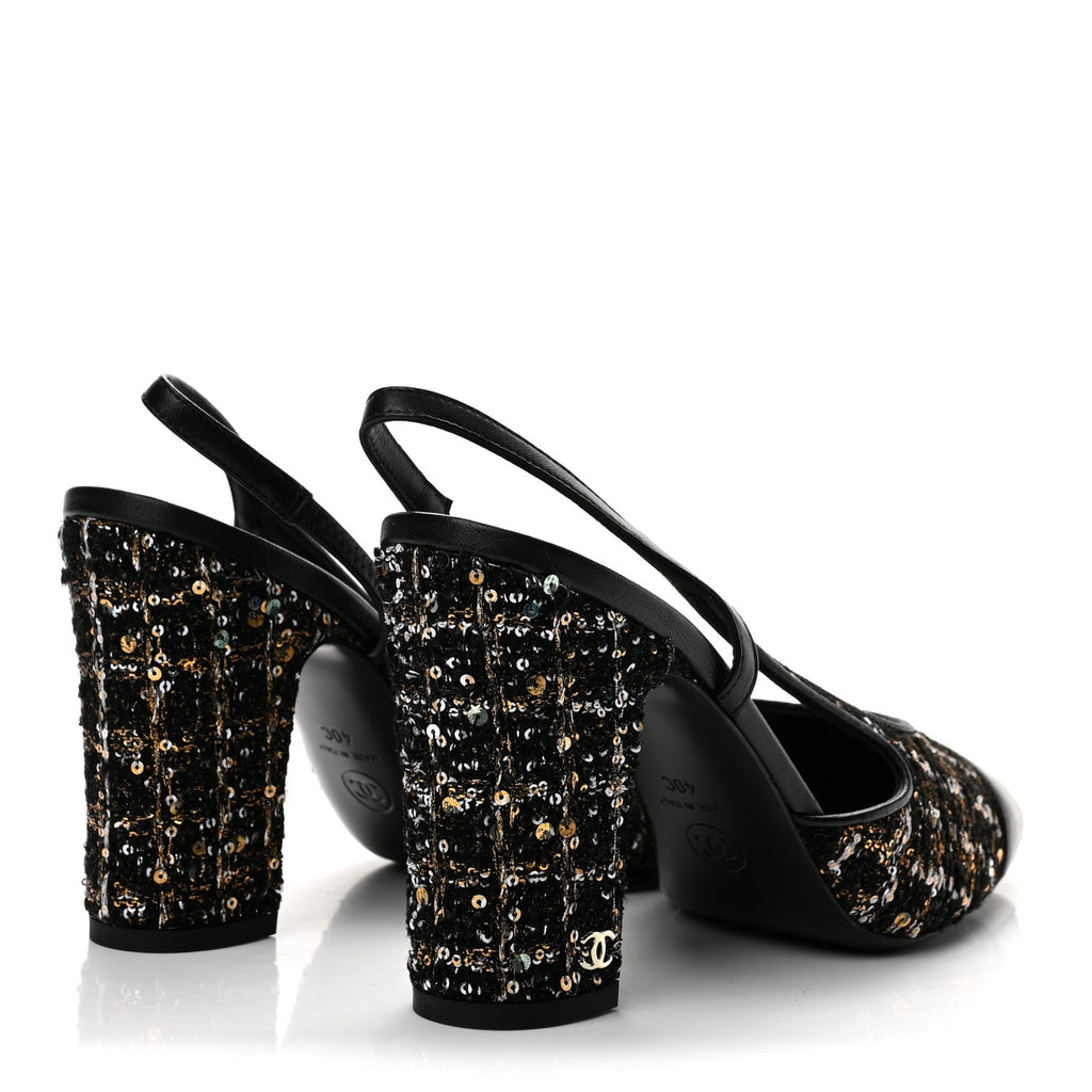 Glittered Wool Tweed Lambskin Cap Toe CC Slingback Pumps 40 Black White Gold