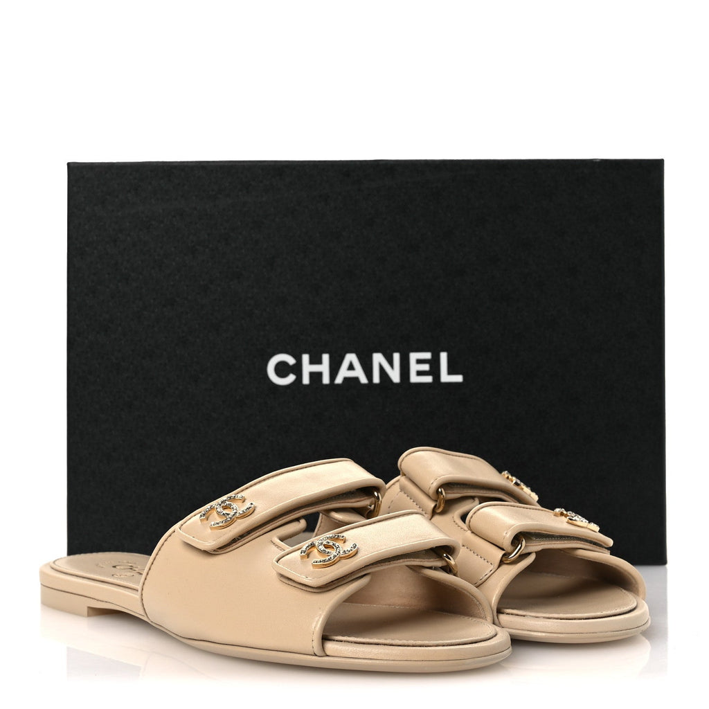 Lambskin Velcro Crystal CC Mules 40 Beige