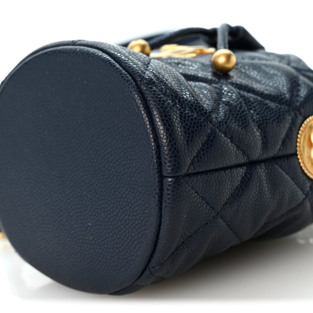 Caviar Quilted Twist Your Buttons Mini Bucket Bag Navy