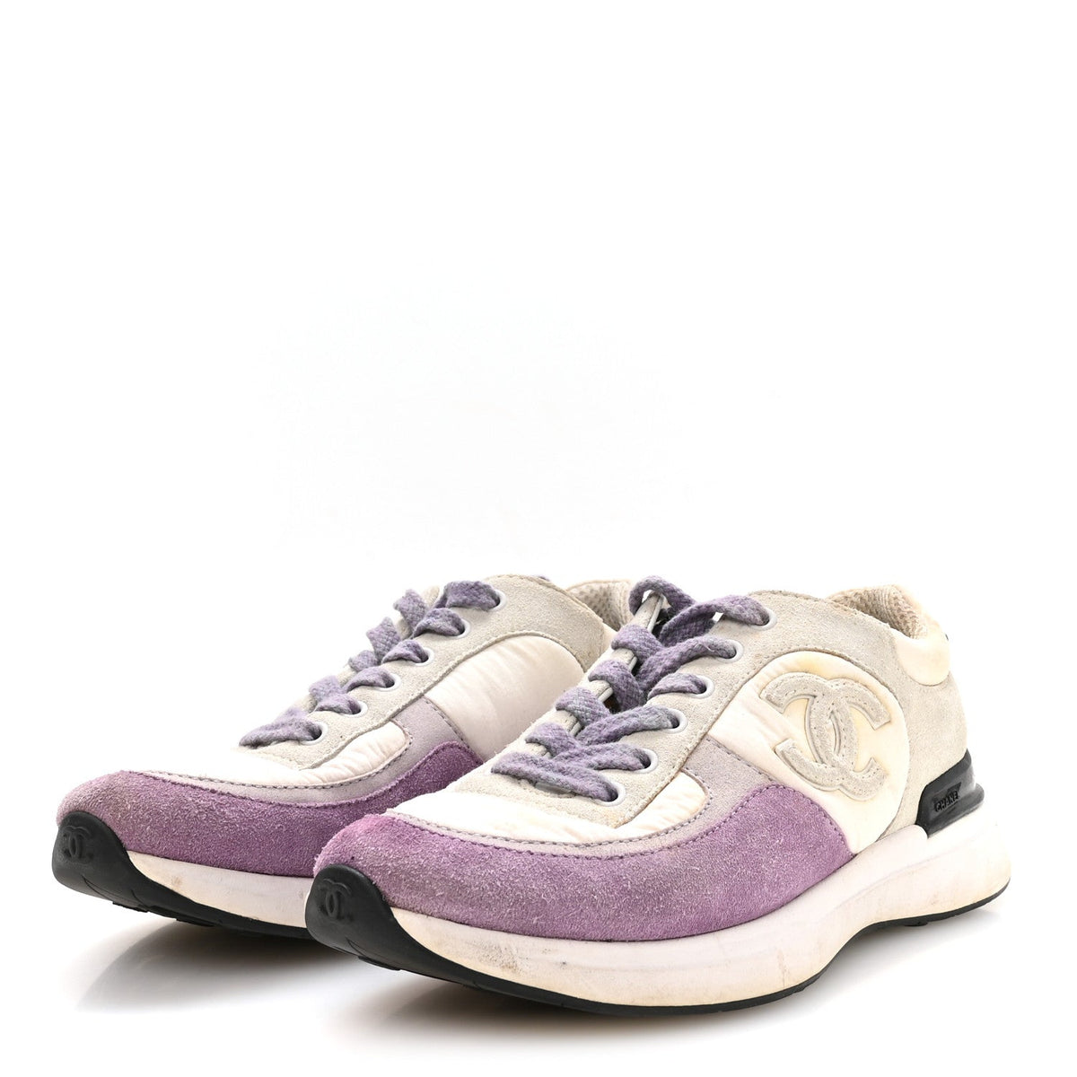 Nylon Calfskin Suede CC Womens Sneakers 36 White Light Grey Purple