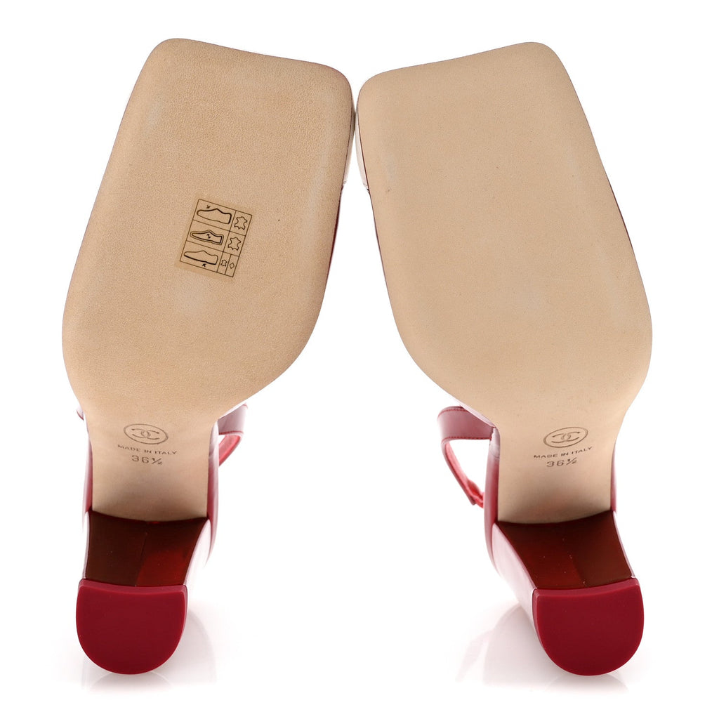 Laminated Calfskin Lambskin Square Cap Toe CC Slingback Pumps 36.5 Red Ivory