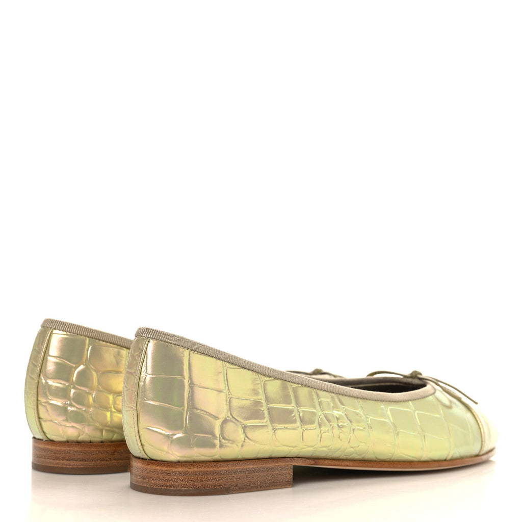 Iridescent Calfskin Crocodile Embossed Ballerina Flats 38 Yellow
