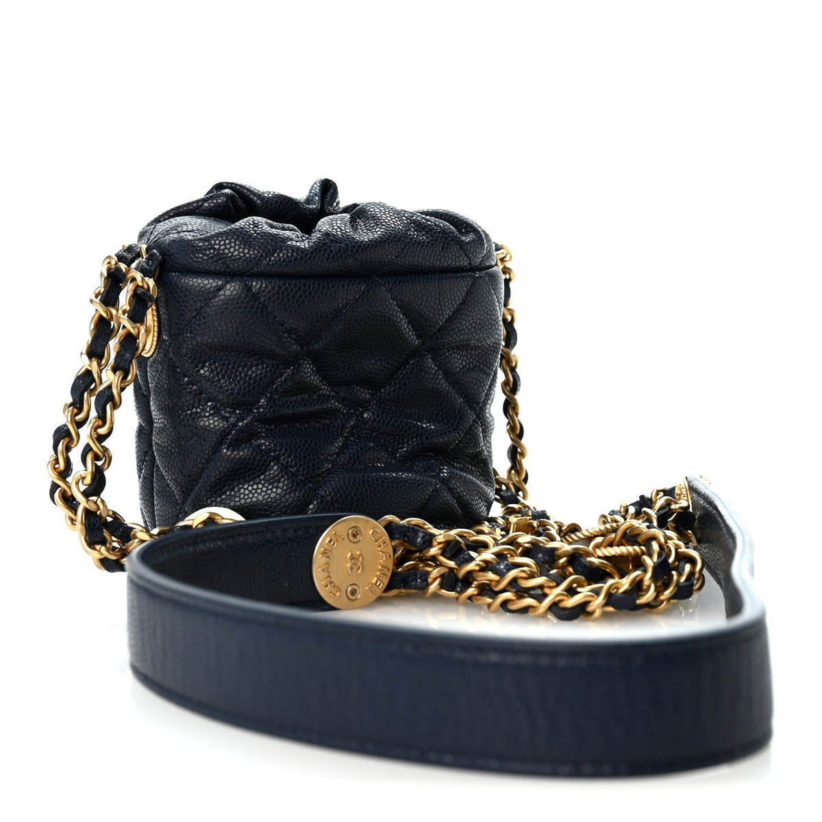 Caviar Quilted Twist Your Buttons Mini Bucket Bag Navy