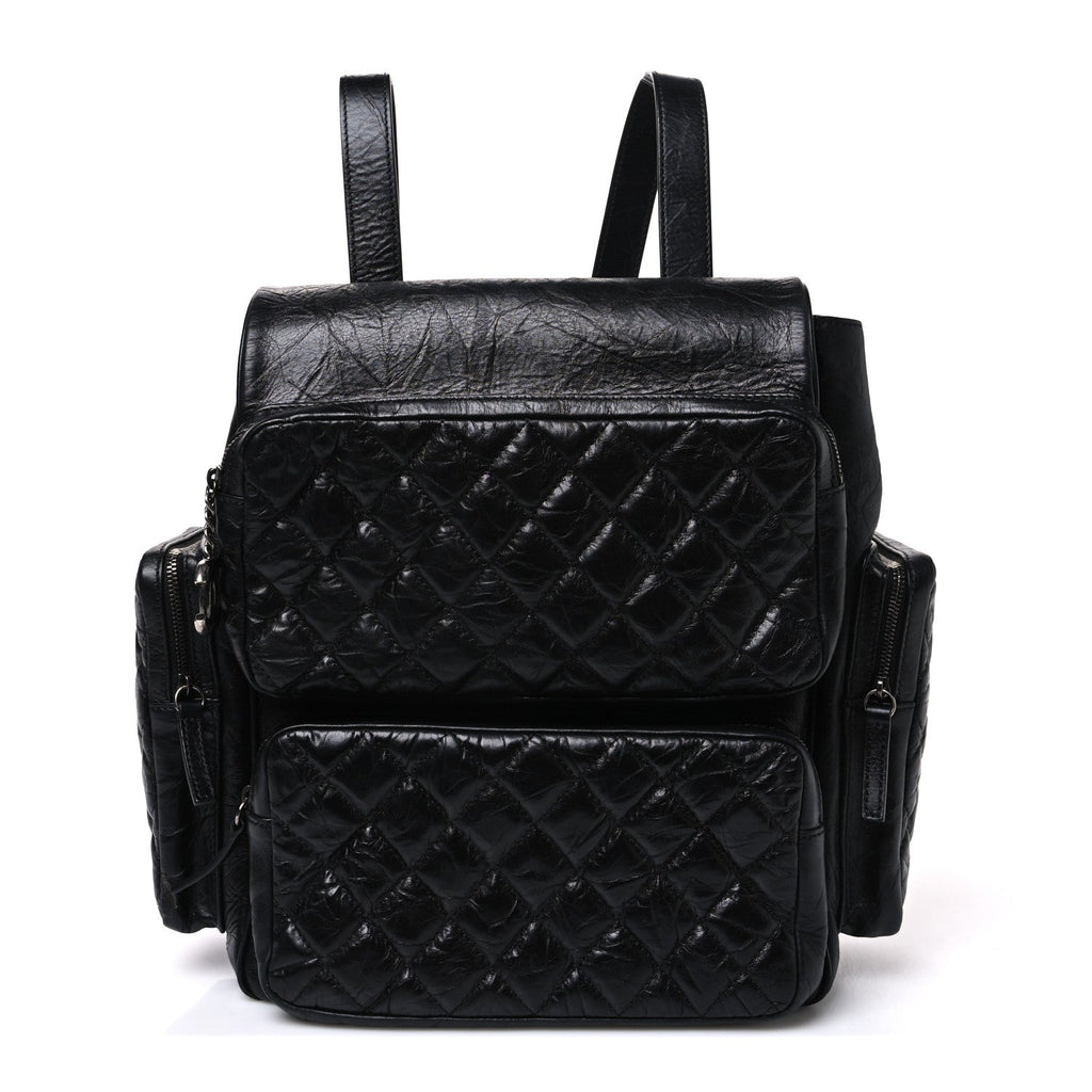 Grained Calfskin Quilted Large Casual Rock Backpack Black