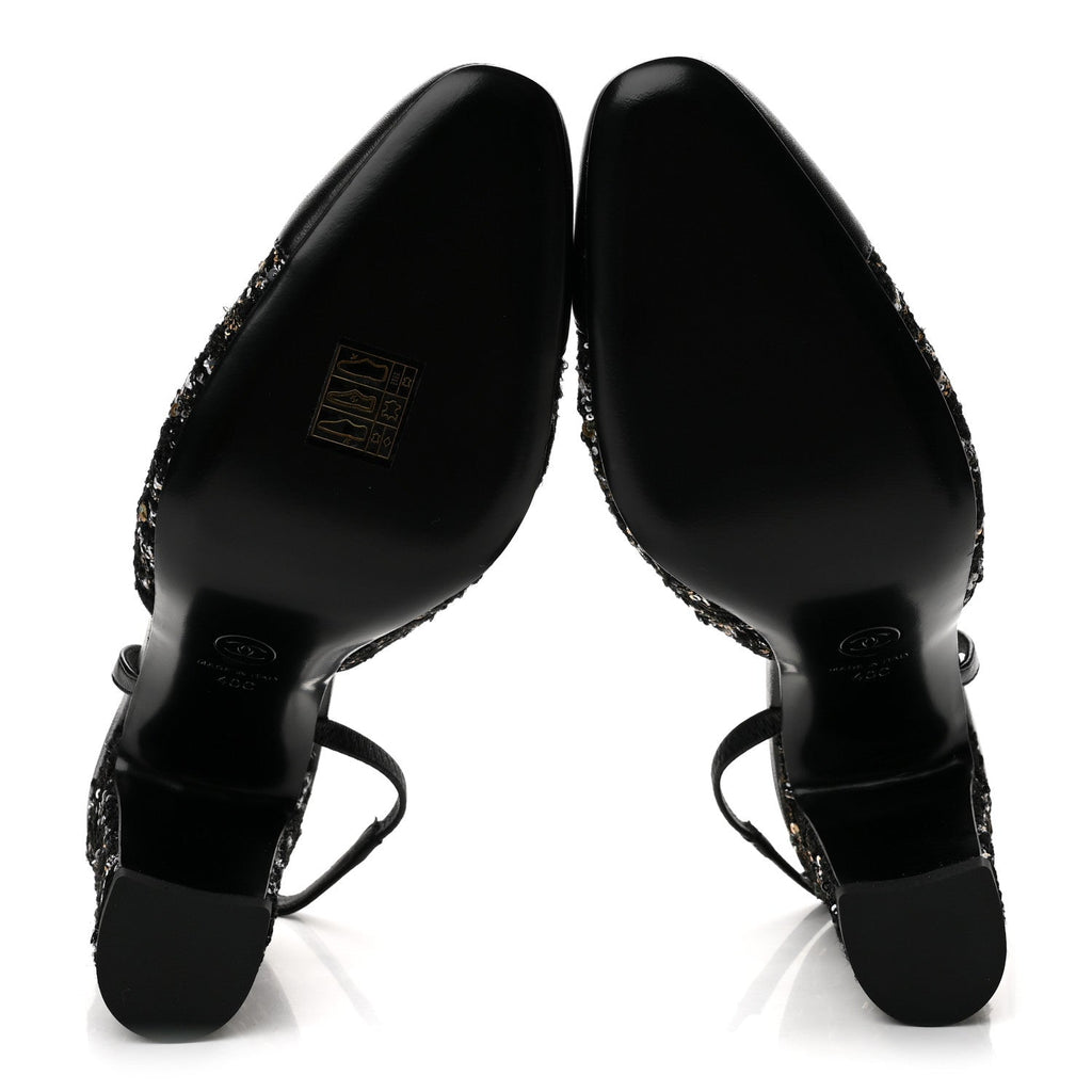 Glittered Wool Tweed Lambskin Cap Toe CC Slingback Pumps 40 Black White Gold