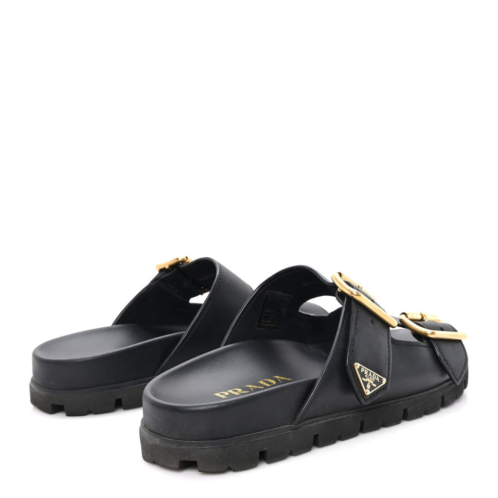 Vitello Sport Metal Triangle Logo Womens Double Buckle 20mm Slide Sandals 38.5 Black
