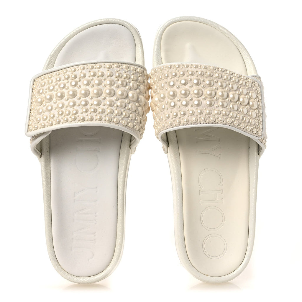 Canvas Pearl Embellished Fitz Slide Sandals 37 White