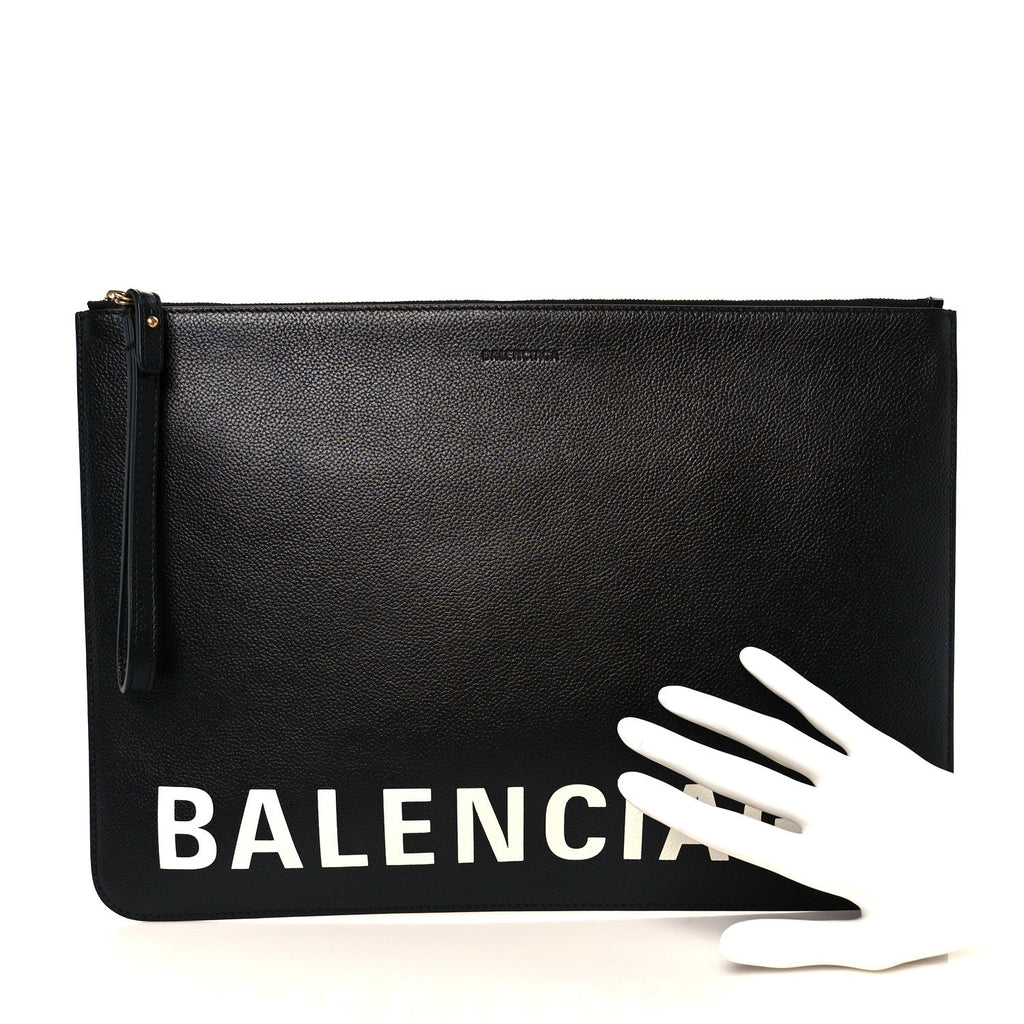 Calfskin Logo Large Cash Pouch With Handle Black White