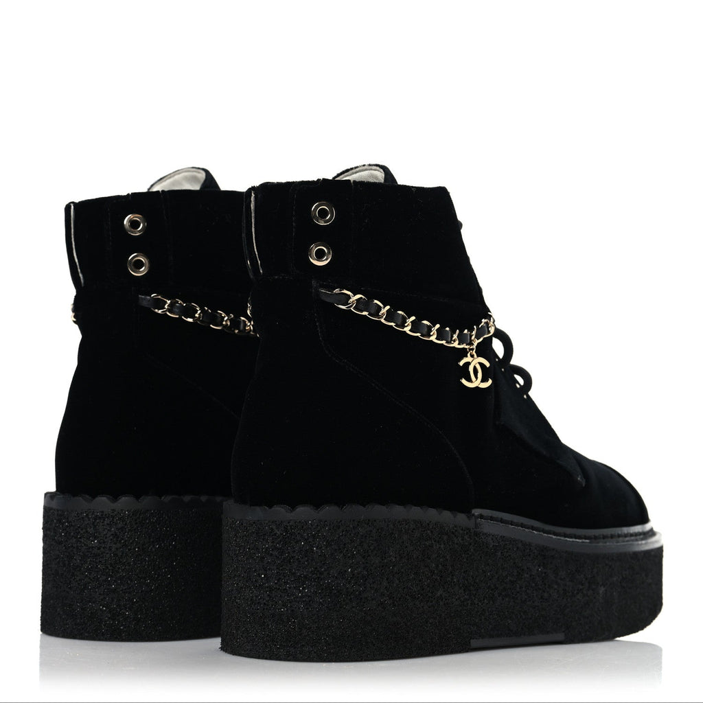 Velvet Chain Lace Up CC Short Boots 37 Black