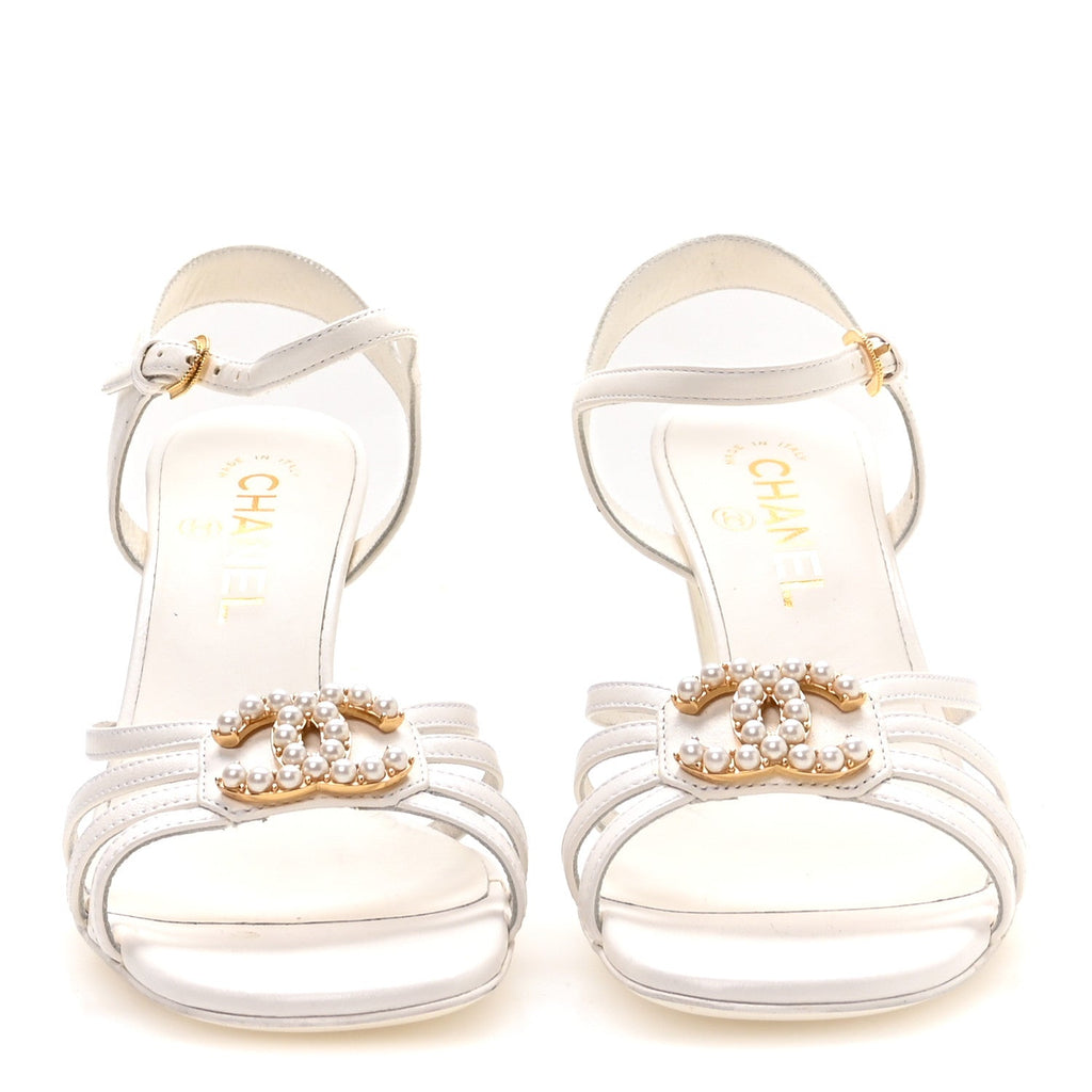 Lambskin Pearl CC Sandals 38 White
