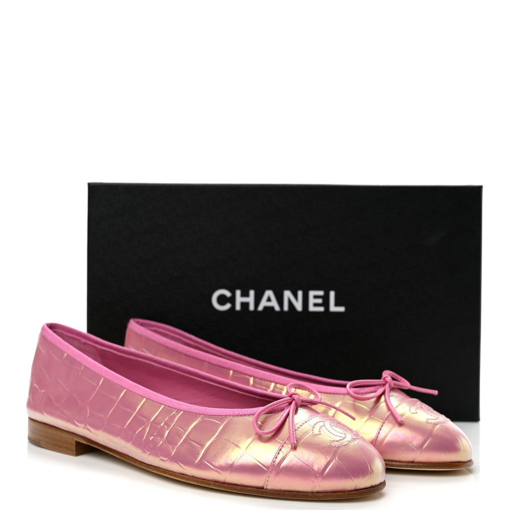 Iridescent Crocodile Embossed Calfskin Ballet Flats 38.5 Pink
