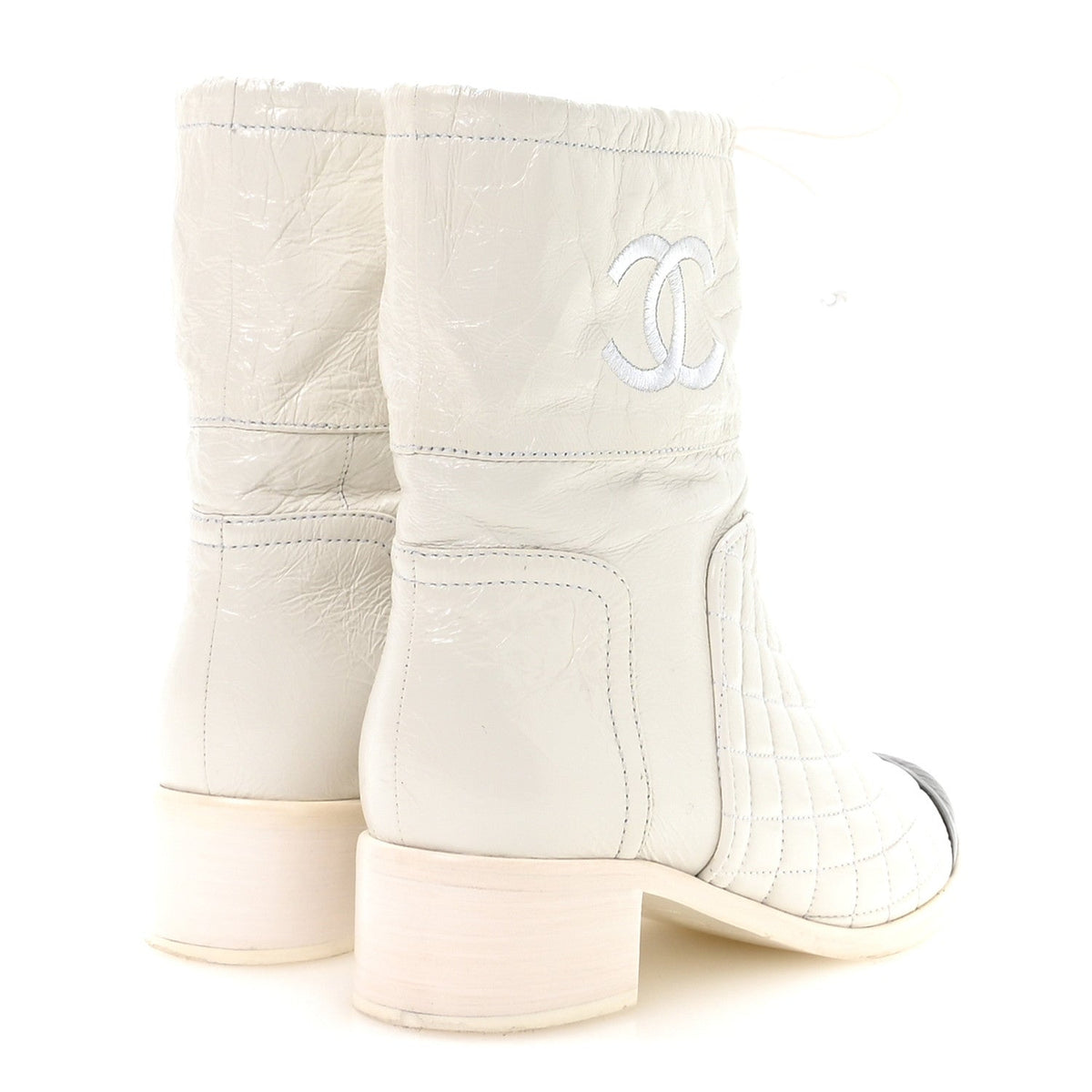 Distressed Patent Quilted Cap Toe Short Boots 38.5 White Black