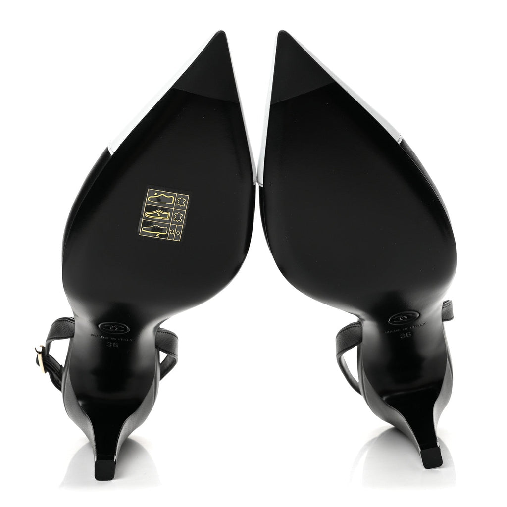 Lambskin Pointed Cap Toe CC Slingback Pumps 36 Black White