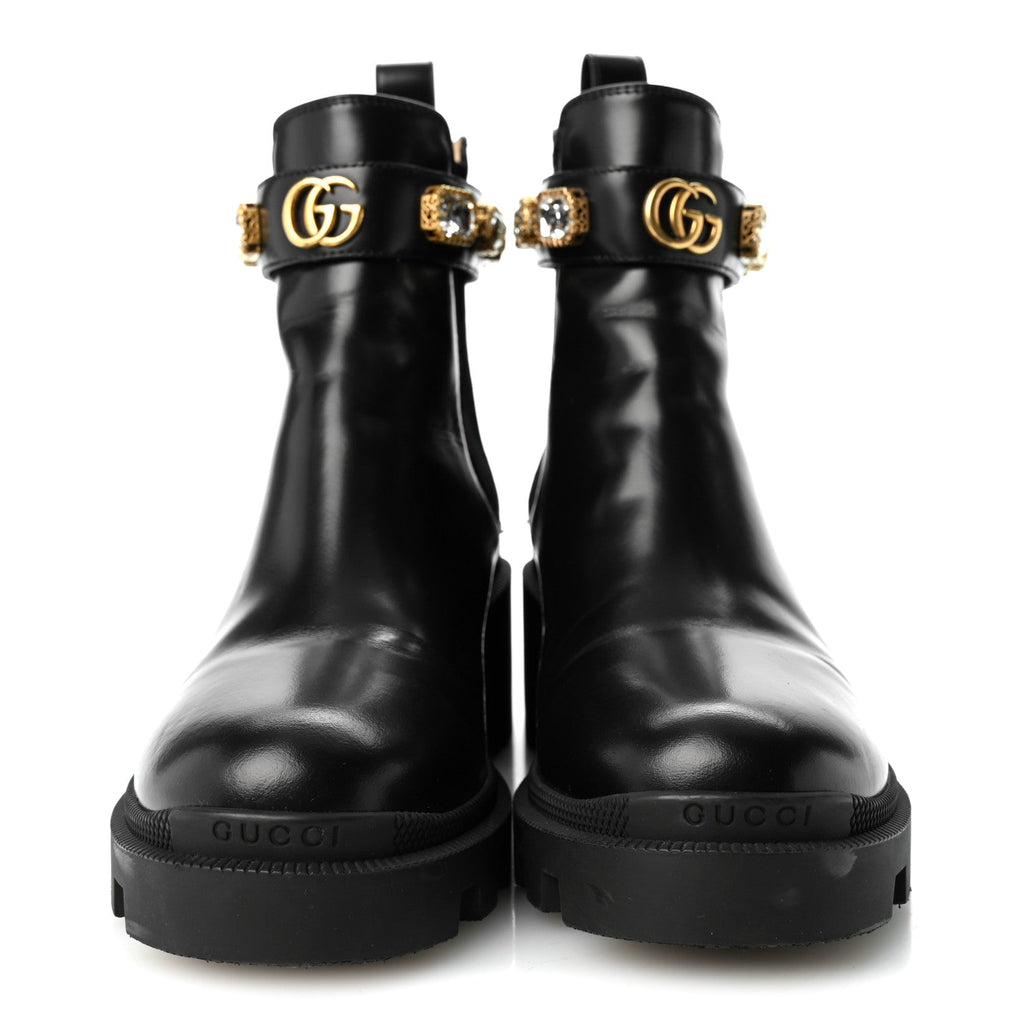 Calfskin Crystal GG Trip Chelsea Ankle Boots 36.5 Black