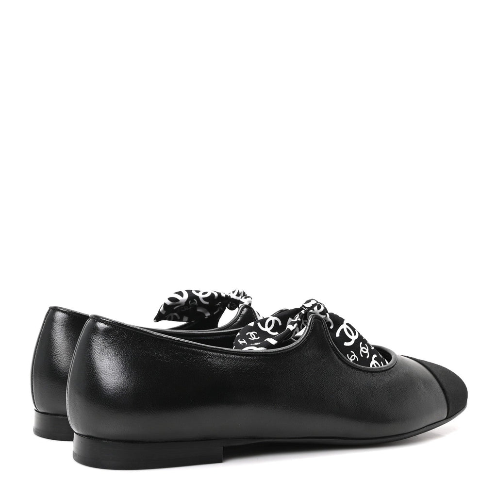 Lambskin Grosgrain Silk CC Mary Jane Flats 40 Black White