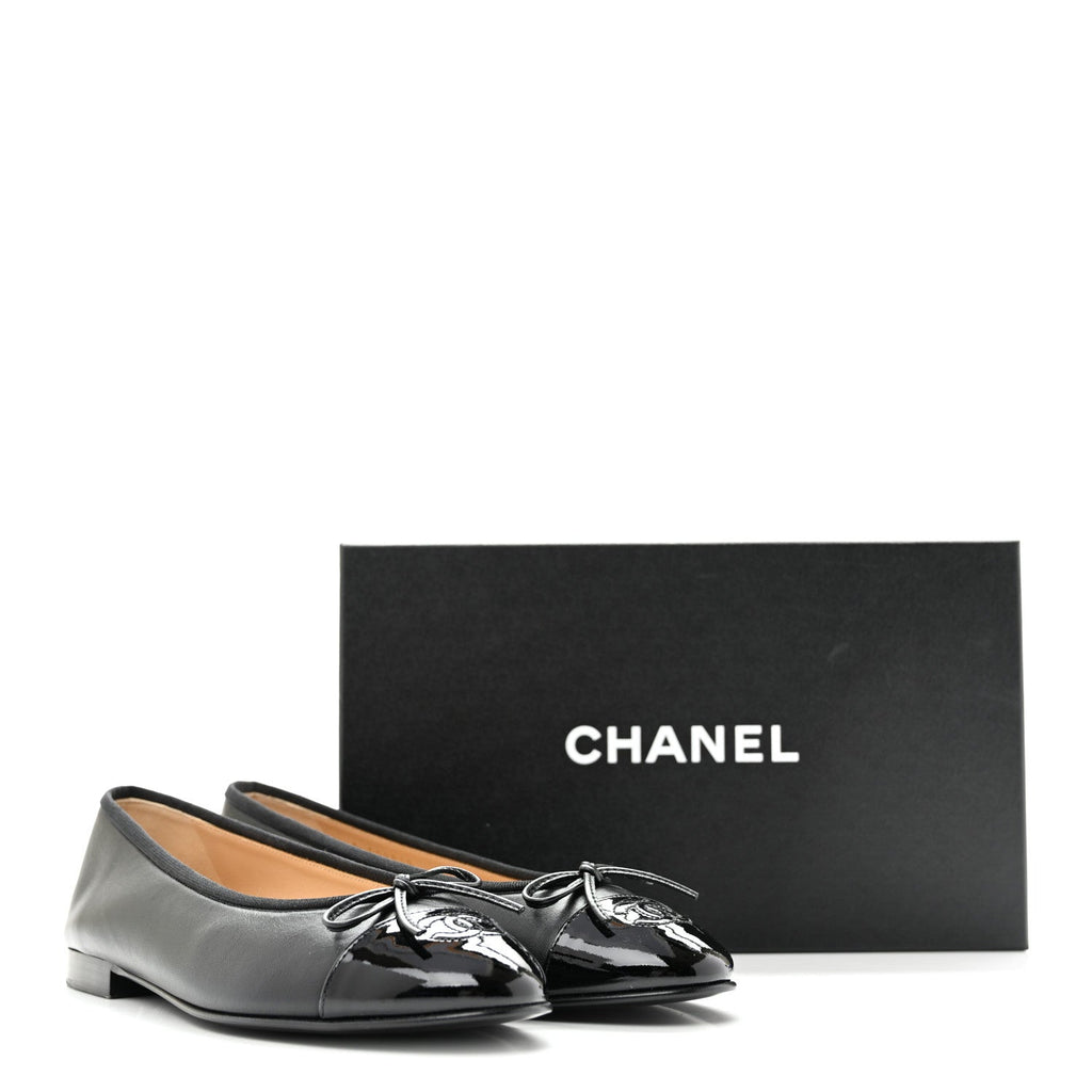 Lambskin Patent Cap Toe Ballerina Flats 39.5 Black