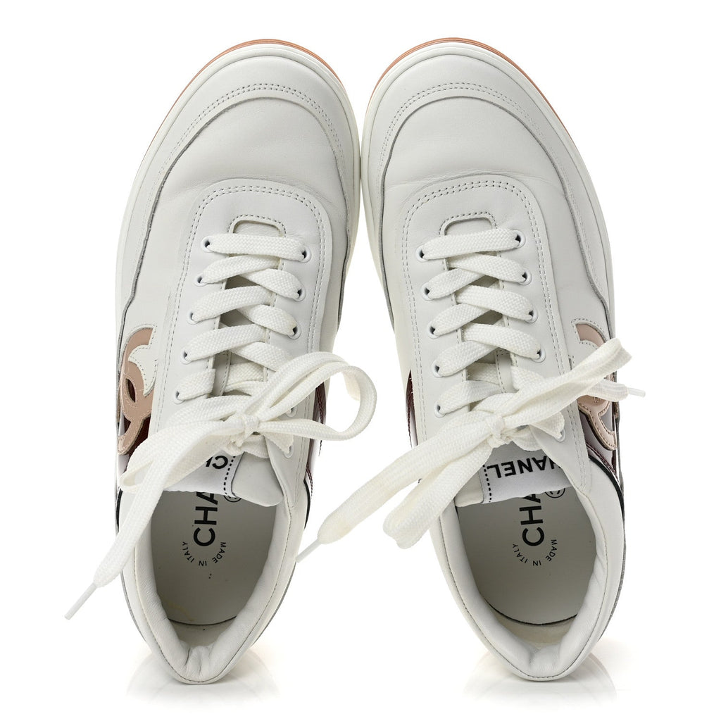 Calfskin Patent Womens CC Sneakers 38 White Burgundy Beige
