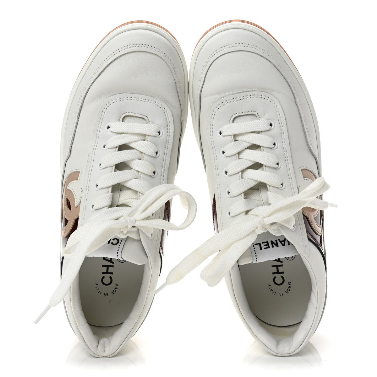 Calfskin Patent Womens CC Sneakers 38 White Burgundy Beige