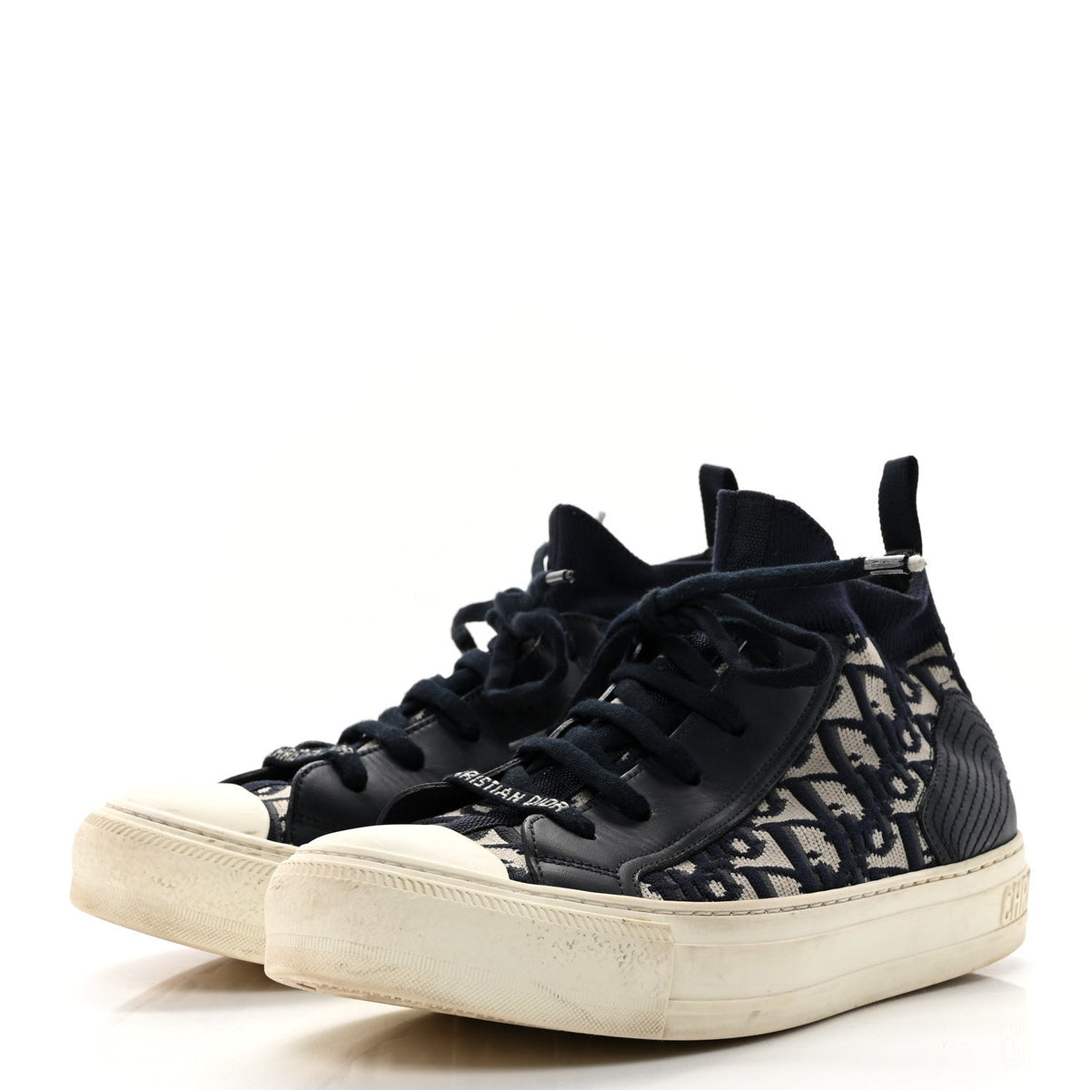 Technical Knit Calfskin Oblique Womens Walk'n Dior Mid Top Sneakers 35 Deep Blue
