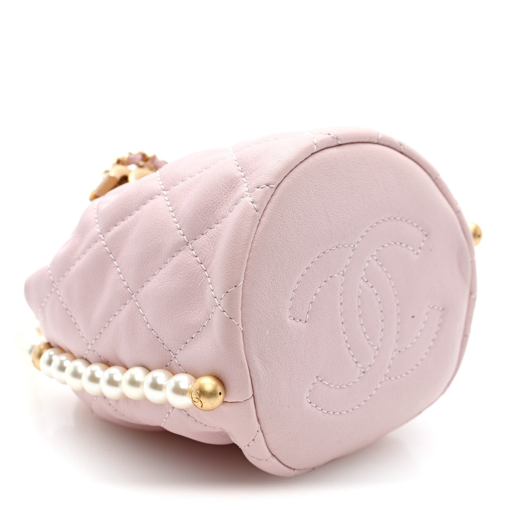 Calfskin Quilted Pearl Mini About Pearls Drawstring Bucket Light Pink