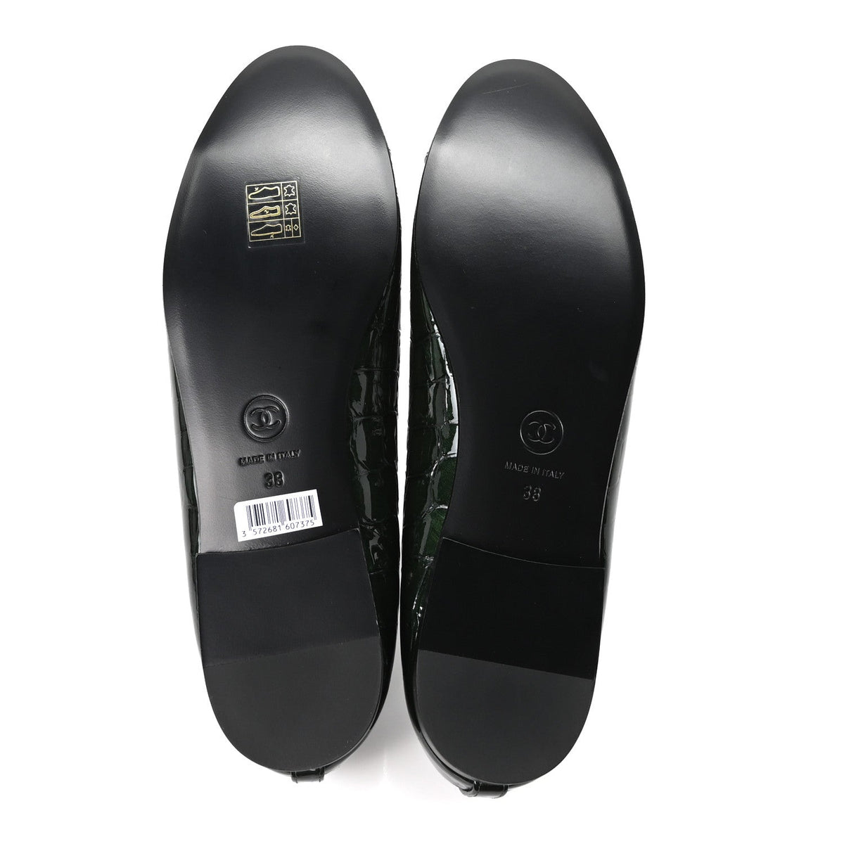 Crocodile Embossed Patent Calfskin Cap Toe CC Ballerina Flats 38 Dark Green Black