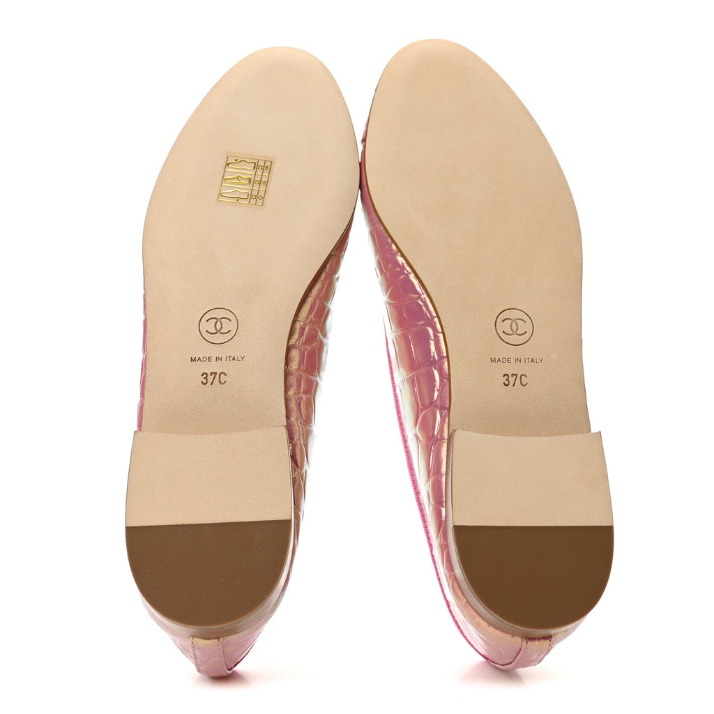 Iridescent Calfskin Crocodile Embossed Ballerina Flats 37 Pink